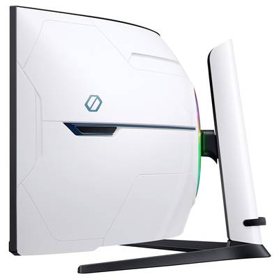 Ein moderner, weißer Gaming-Monitor mit gebogenem Design und LED-Beleuchtung, seitlich von rechts betrachtet.