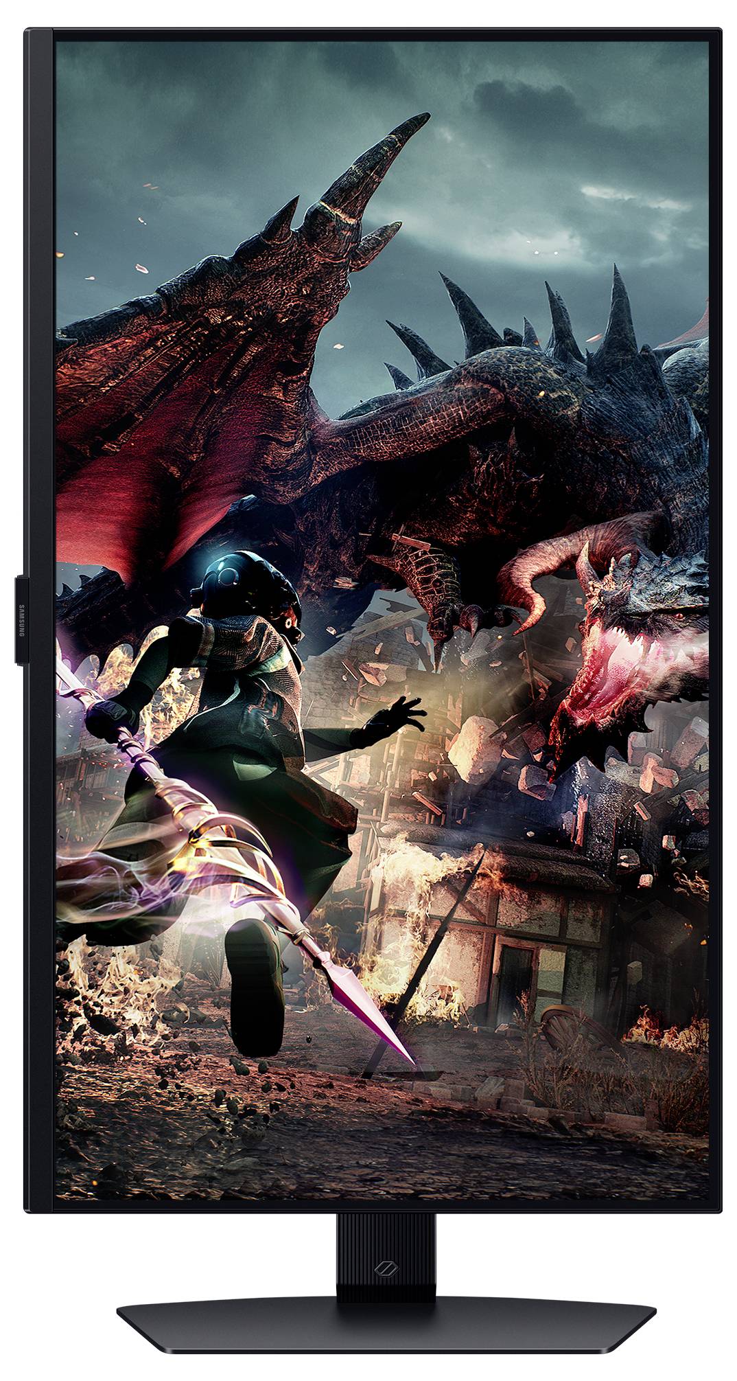 Ein fantasievolles Videospielbild zeigt eine Figur mit einem Schwert, die einem Drachen in einer brennenden Stadt gegenübersteht.