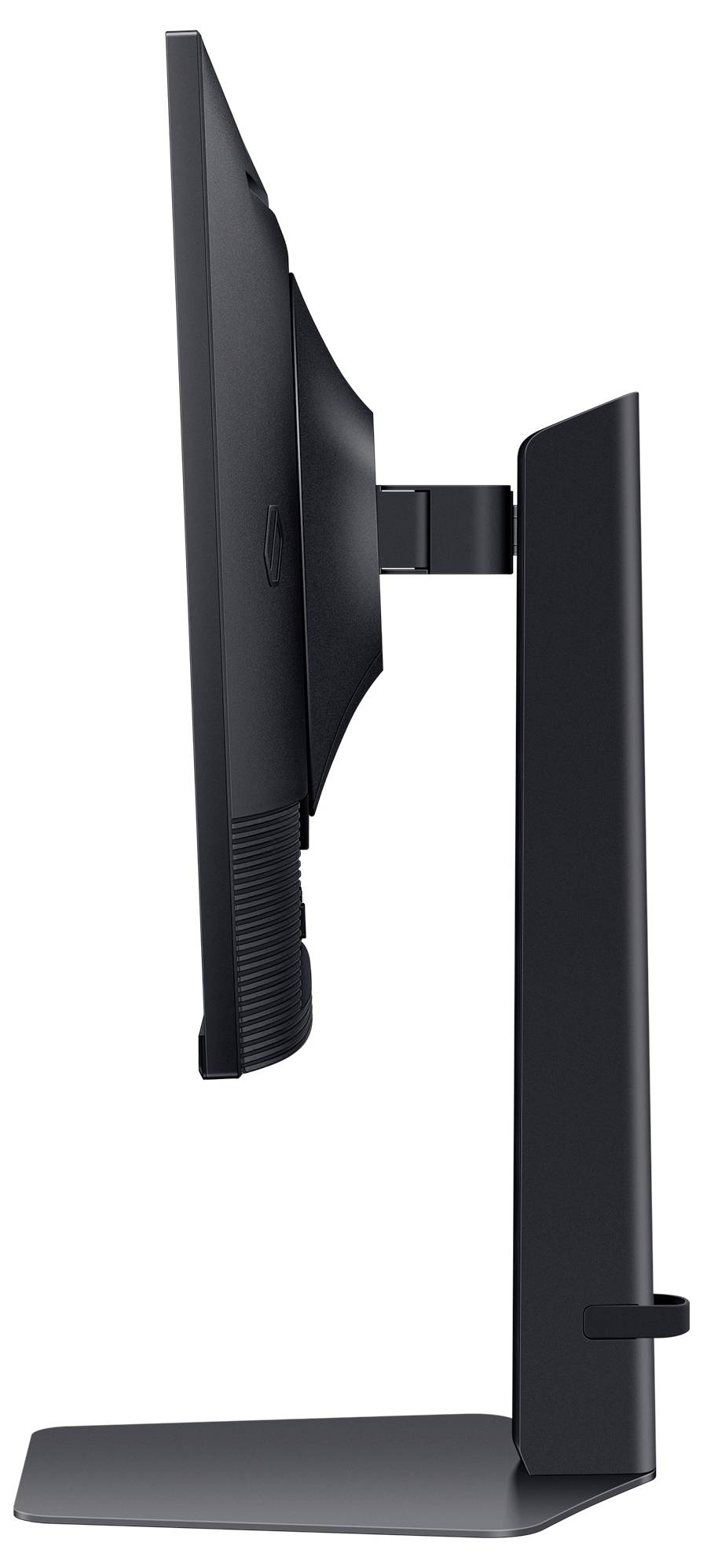 Flacher Computermonitor seitlich, zeigt schlankes Design und verstellbaren Standfuß. Ideal für platzsparende Arbeitsbereiche.