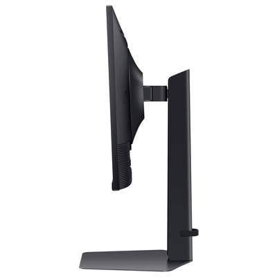 Flacher Computermonitor seitlich, zeigt schlankes Design und verstellbaren Standfuß. Ideal für platzsparende Arbeitsbereiche.