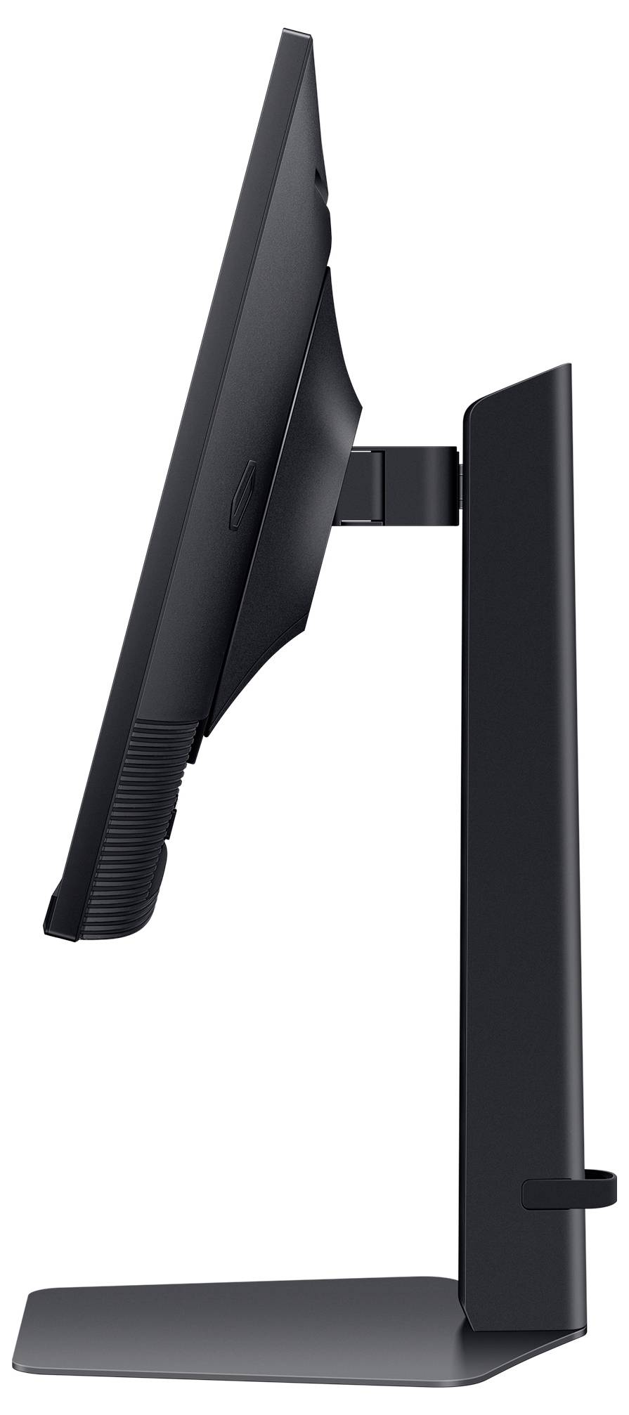 Seitenansicht eines schwarzen Computerbildschirms mit verstellbarem Standfuß. Der Bildschirm ist schlank und modern gestaltet.