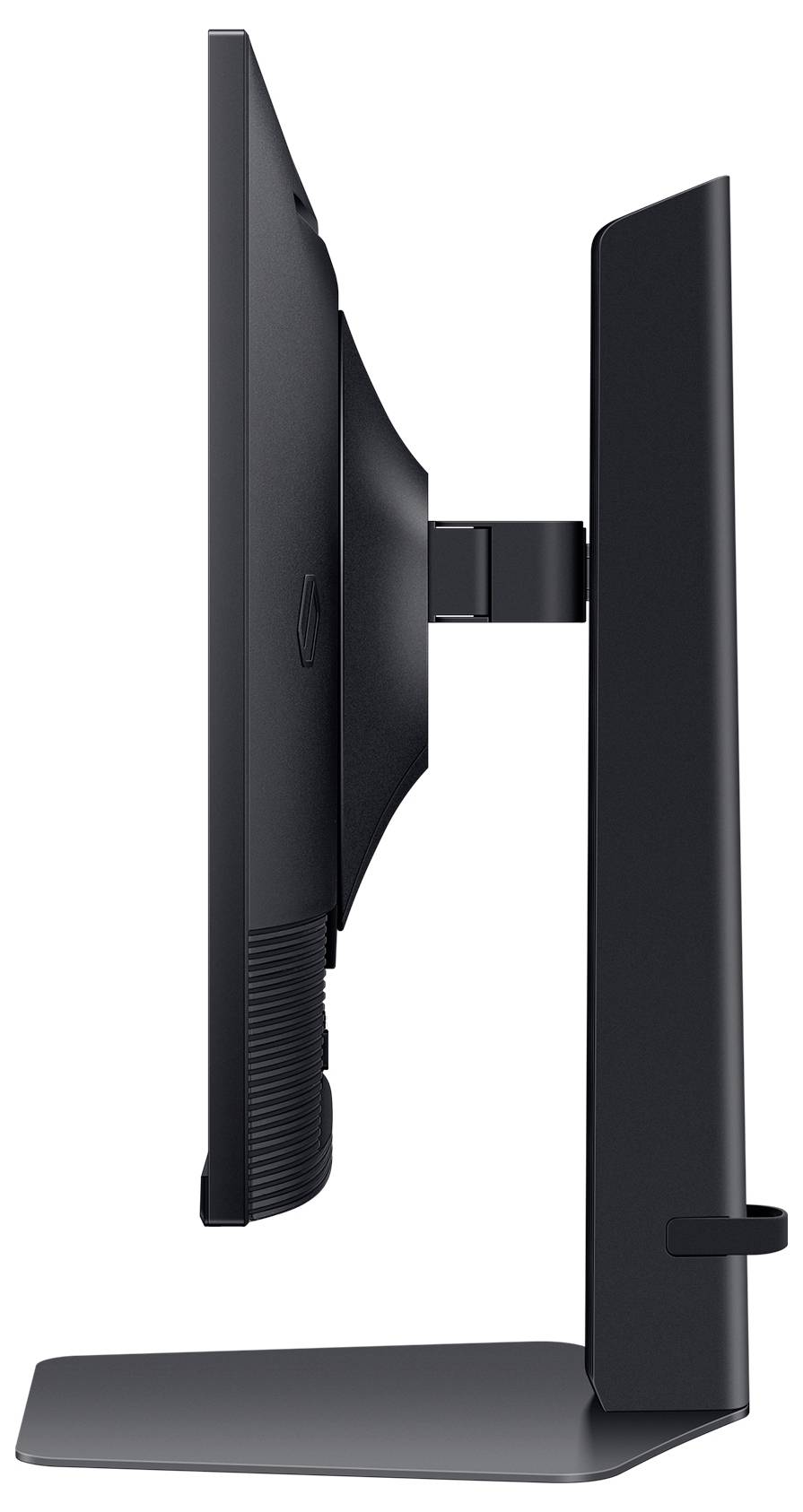 Ein schwarzer Computermonitor im Profil zeigt sein schlankes Design mit einem stabilen Standfuß und einer sichtbaren Befestigung hinten.