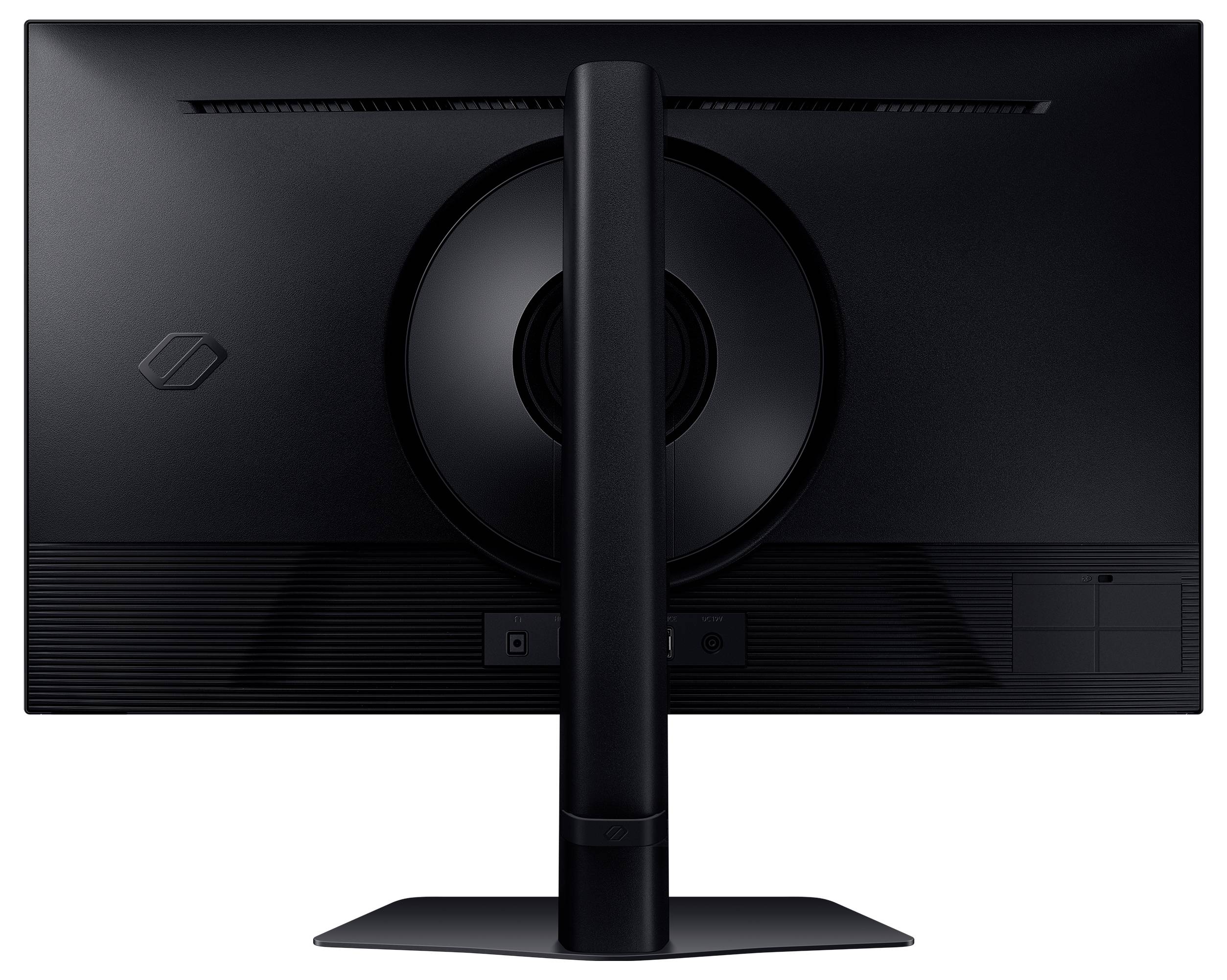 Rückansicht eines schwarzen Computerbildschirms mit Standfuß, zentrales Kabelmanagement, stromlinienförmiges Design.