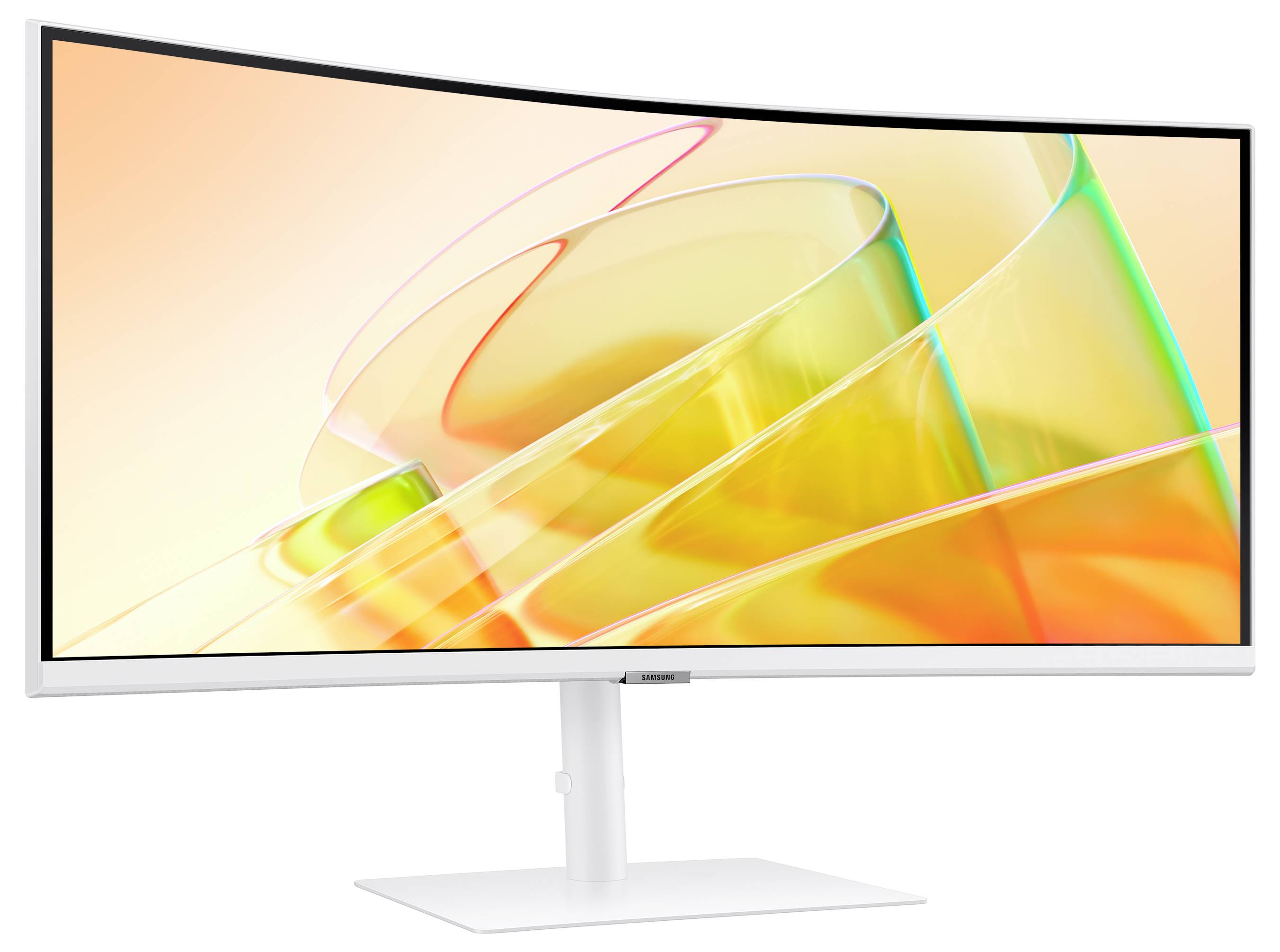 Breiter, gebogener Computerbildschirm mit weißem Rahmen und Standfuß, zeigt ein abstraktes, buntes Kunstwerk in Gelb- und Orangetönen.