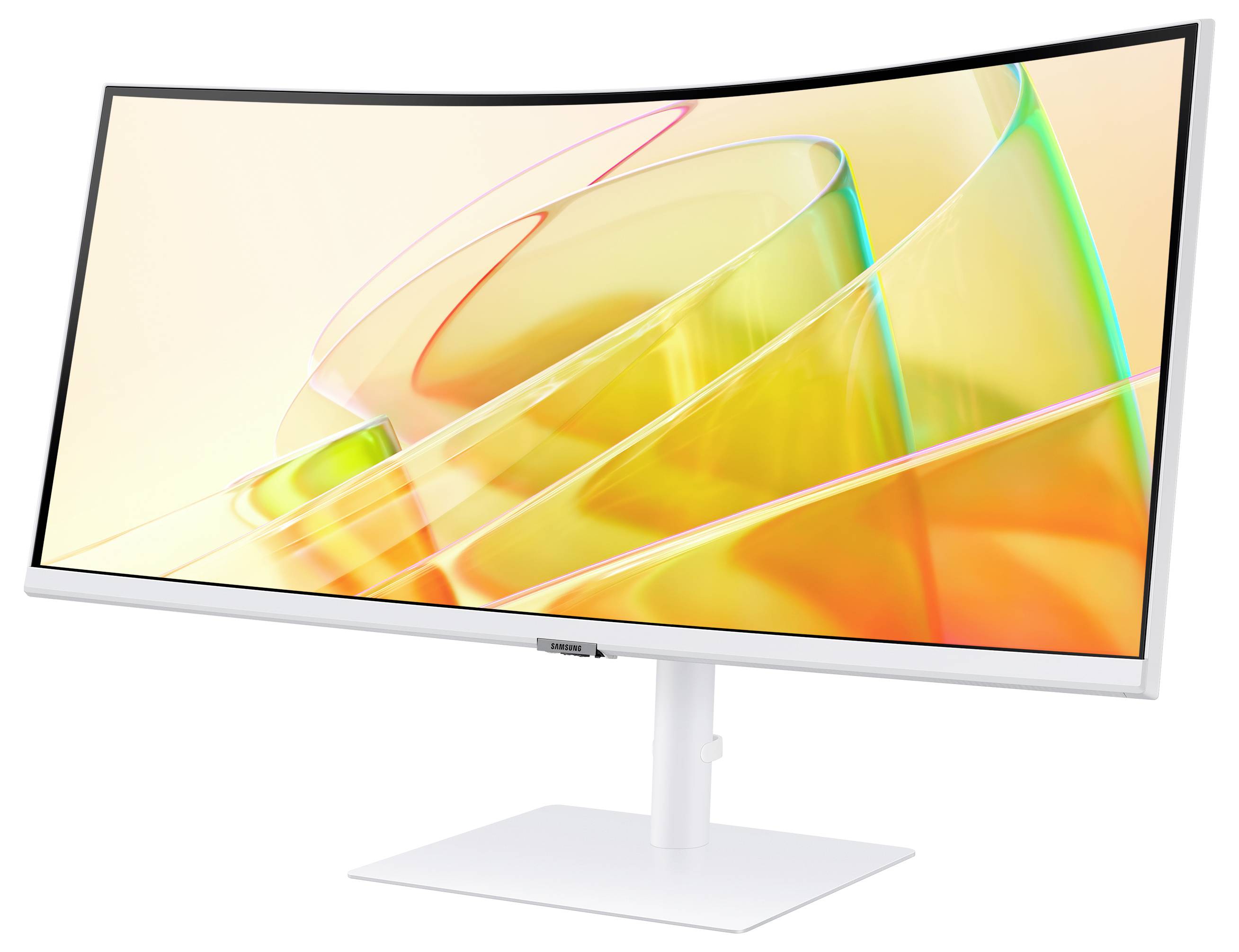 Ein großer, gebogener Computerbildschirm mit weißem Rahmen zeigt ein abstraktes, farbenfrohes Design mit fließenden Linien und Formen.