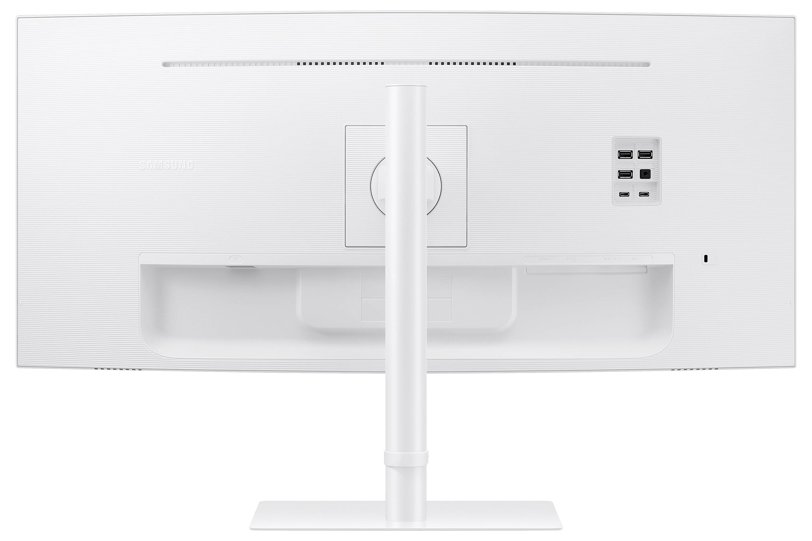 Rückseite eines weißen Computermonitors mit Standfuß und mehreren Anschlussmöglichkeiten auf der rechten Seite.