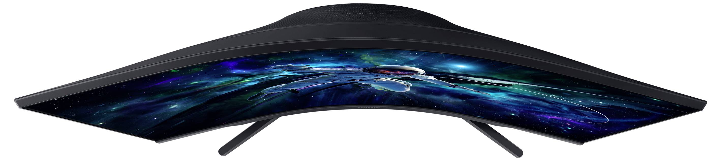 Gebogener Monitor von oben betrachtet, zeigt eine kosmische Weltraumszene auf dem Bildschirm.