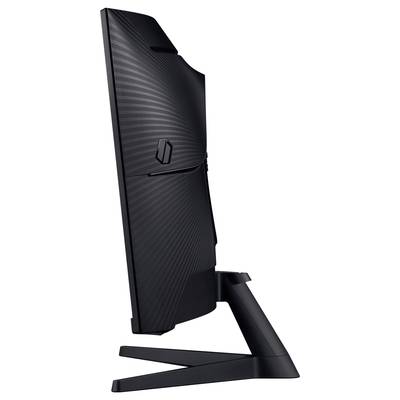 Ein seitlich betrachteter, schlanker Computerbildschirm mit modernem Design und stabiler Standfußkonstruktion.