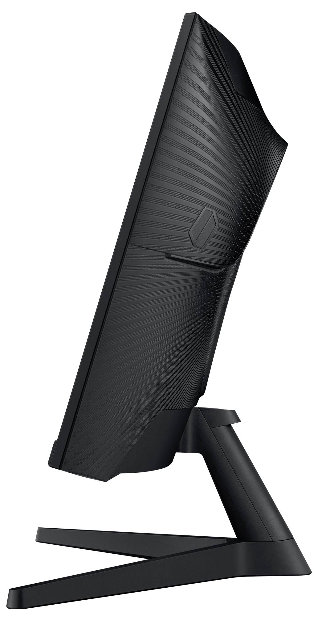 Schlanker, schwarzer Computermonitor, Seitenansicht, auf einem Standfuß montiert.