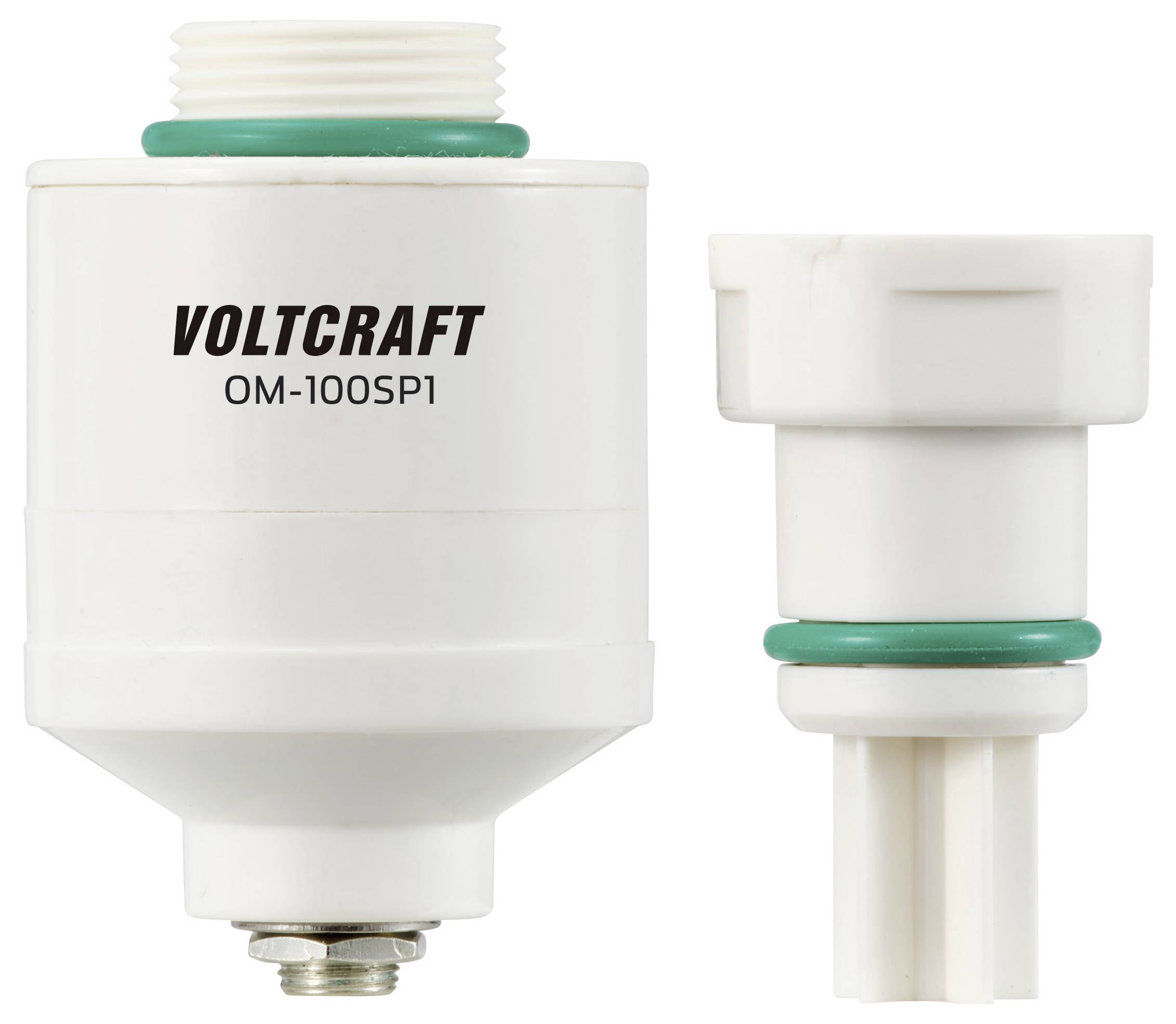 Zwei weiße Steckadapter mit grünen Ringen. Der linke Adapter ist beschriftet 'VOLTCRAFT OM-100SP1'.