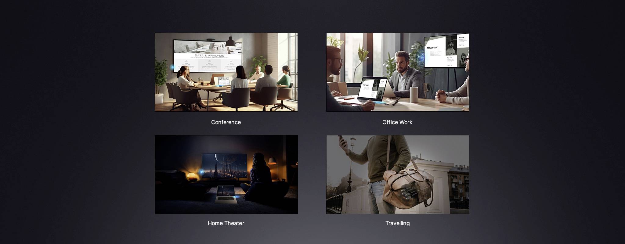 Vier Bilder mit Unterschriften: 'Konferenz' zeigt eine Groupenbesprechung, 'Büroarbeit' zeigt zwei Personen an Computern, 'Heimkino' zeigt Personen beim Fernsehen, 'Reisen' zeigt eine Person mit einem Koffer.