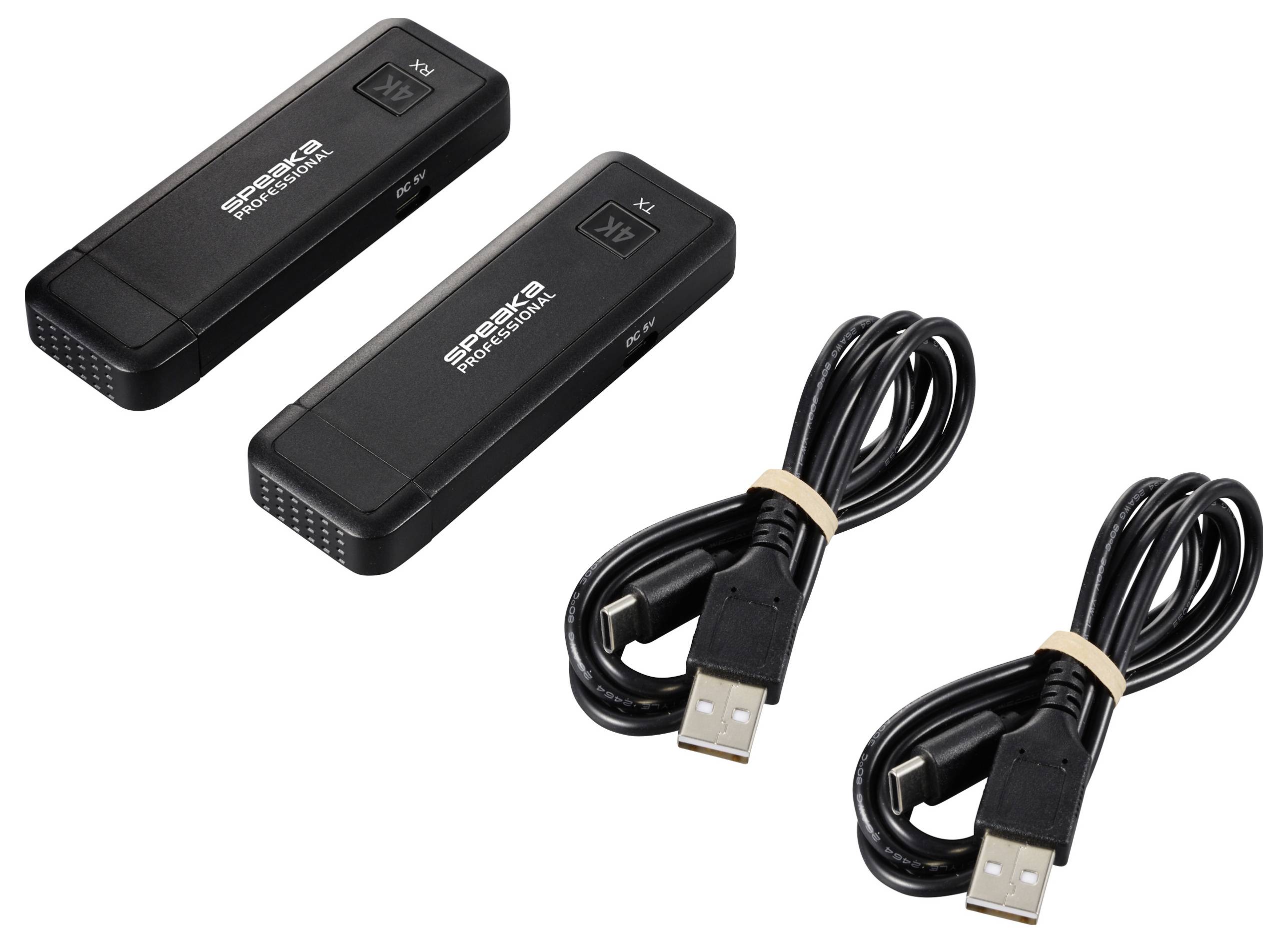 Zwei schwarze USB-Adapter mit der Aufschrift 'SPEKX', jeweils mit einem dazugehörigen USB-Kabel. Geeignet für drahtlose Verbindungen.