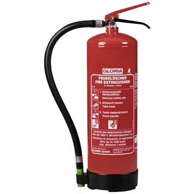 Feuerlöscher mit Gebrauchsanweisung: Sicherheitsstift entfernen, Schlauch fassen, Hebel drücken. Geeignet für Elektrobrände bis 1000 Volt.