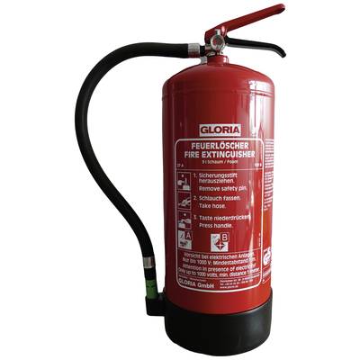 Ein roter Feuerlöscher mit Anleitung auf der Vorderseite, die die Schritte zum Entsichern, Halten und Drücken zum Löschen erklärt.