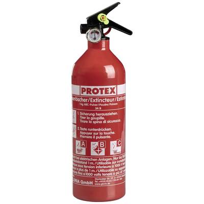 Roter Feuerlöscher mit Manometer oben. Etikett zeigt Gebrauchsanweisung in mehreren Sprachen. Geeignet für Brände der Klassen A, B, C.