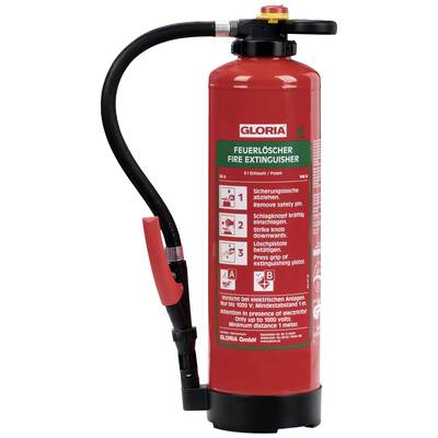 Roter Feuerlöscher mit Schaum, Marke 'Gloria'. Beschriftet mit Gebrauchsanweisung und Warnhinweisen für elektrische Anlagen bis 1000 Volt.