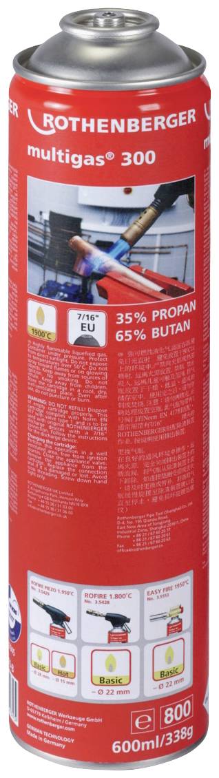 Rote Gasflasche 'multigas 300' von ROTHENBERGER, enthält 35% Propan, 65% Butan, 600ml/338g, Abbildung einer Brenneranwendung.