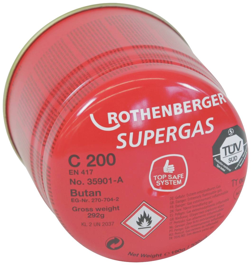 Rote Gasflasche 'Rothenberger Supergas' mit Sicherheitszeichen. Enthält Butan, Nettogewicht 292g, Prüfzeichen TÜV SÜD.