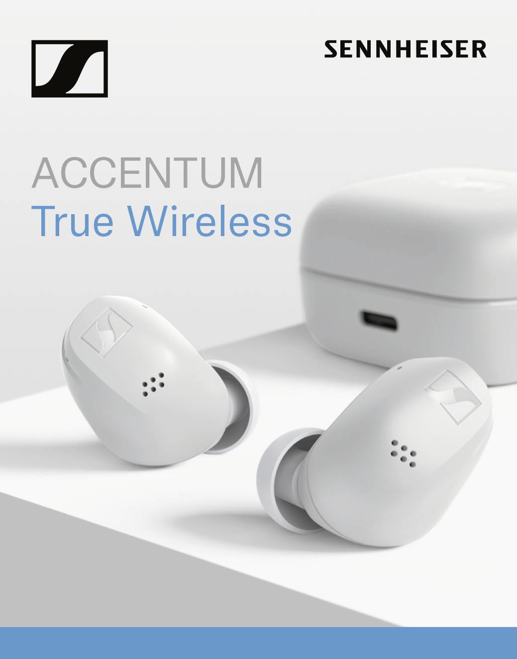 Zwei kabellose Ohrhörer vor einem Ladeetui, daneben der Text 'Sennheiser ACCENTUM True Wireless'. In der oberen Ecke das Sennheiser-Logo.