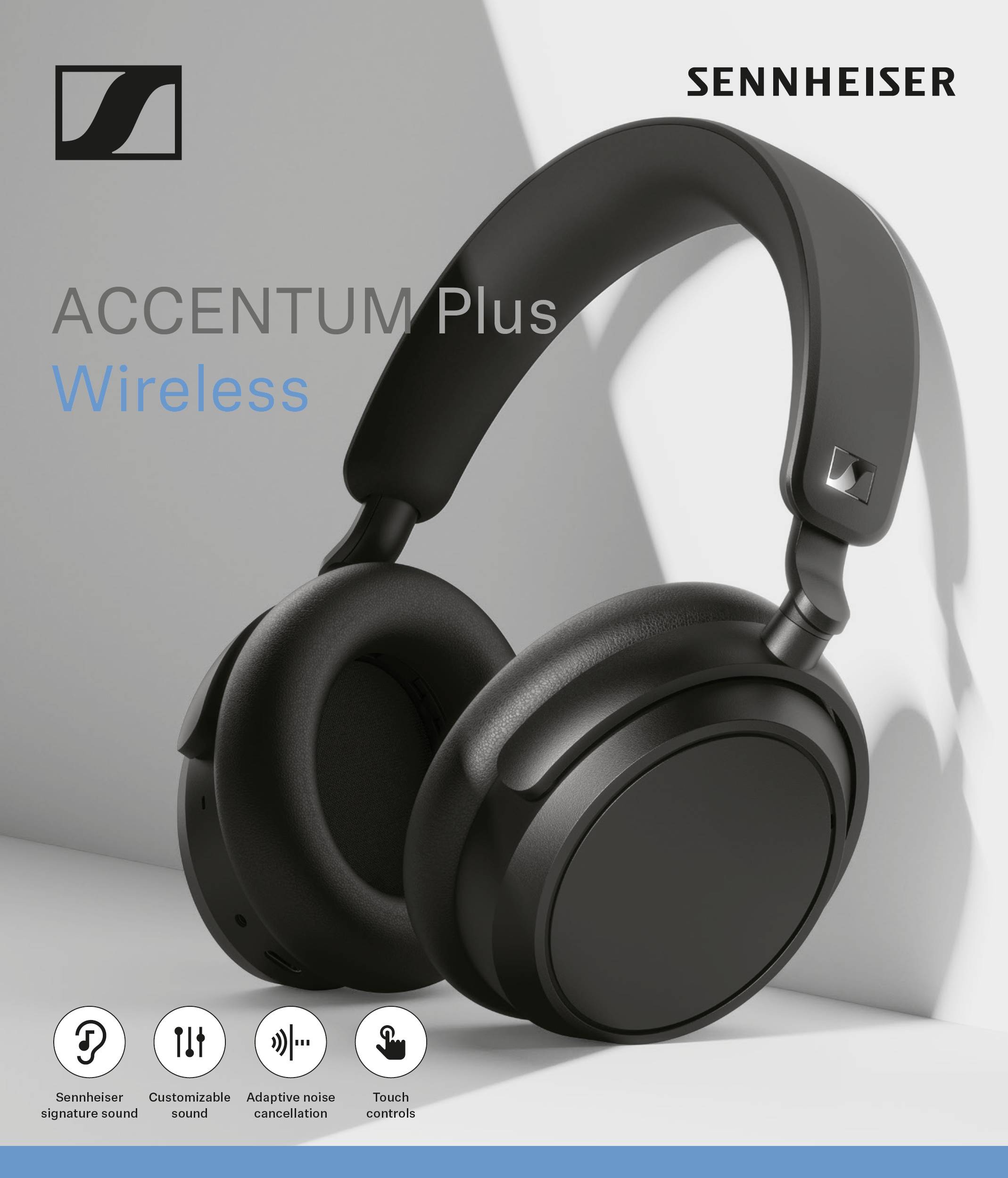 Abbildung eines schwarzen kabellosen Sennheiser ACCENTUM Plus Kopfhörers. Funktionen: adaptives Noise-Cancelling, Touch-Bedienung. Markenlogo oben rechts.
