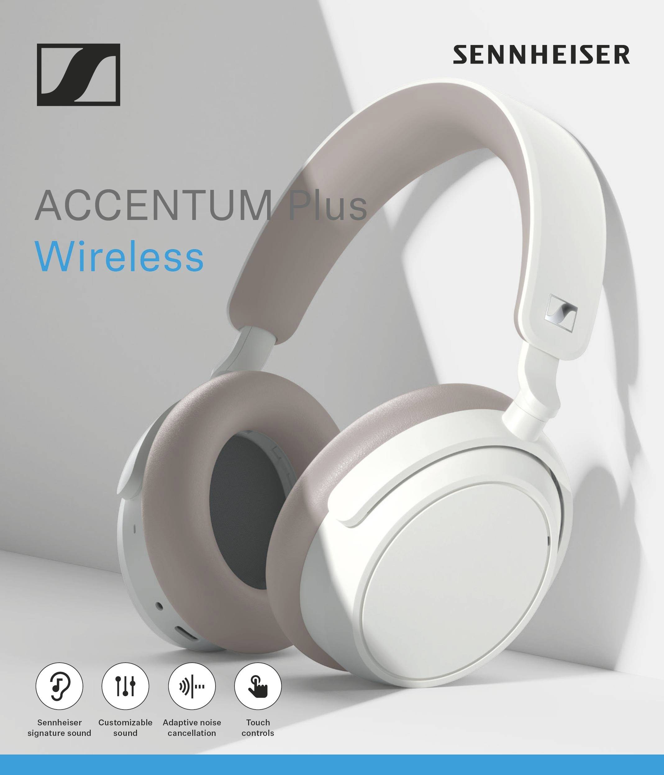 Kabellose Sennheiser-Kopfhörer 'ACCENTUM Plus Wireless' in Weiß und Rosa, mit Funktionen wie Geräuschunterdrückung und Touch-Steuerung.