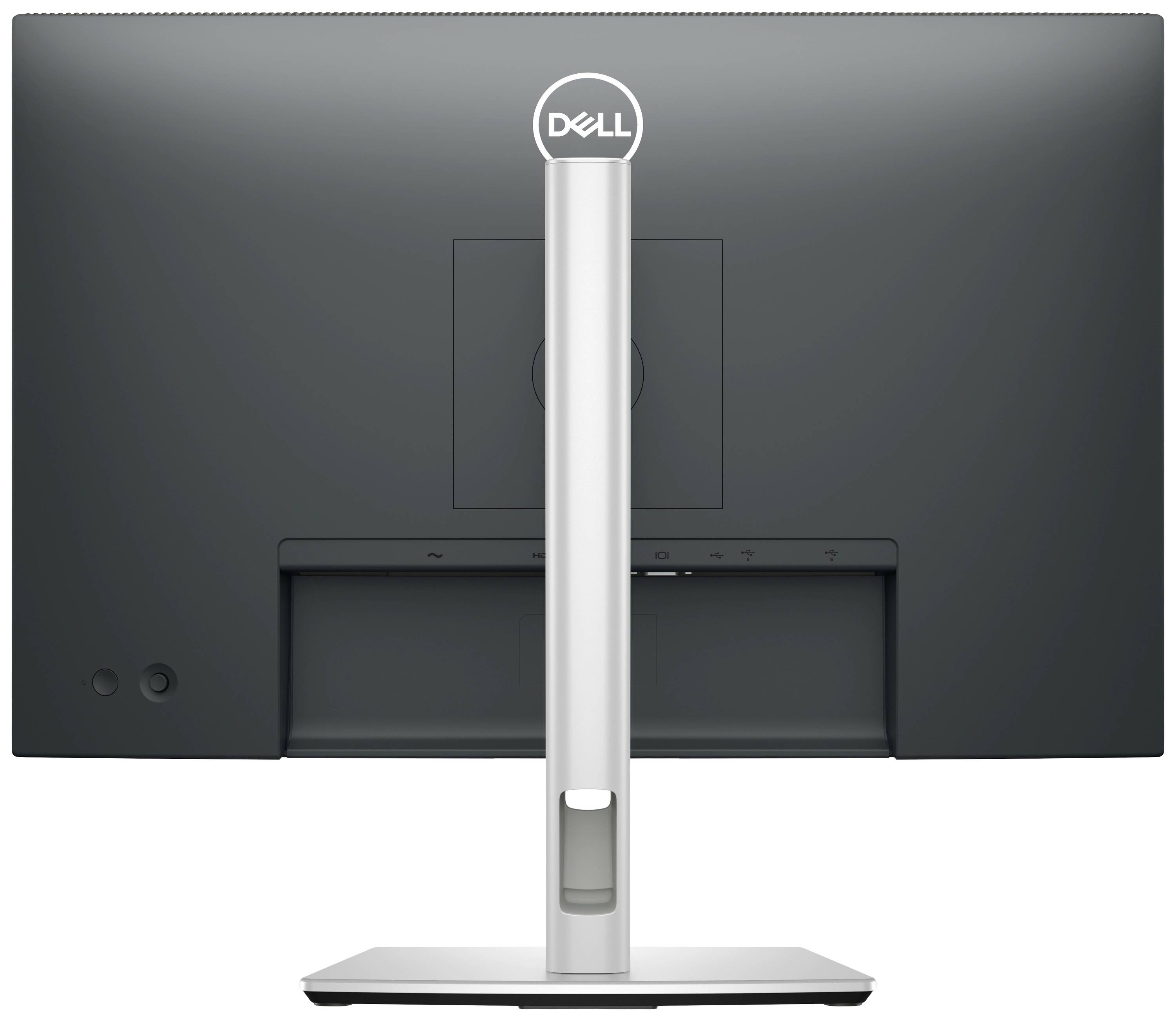 Rückansicht eines Dell-Monitors mit grauem Standfuß und schwarzem Bildschirm.