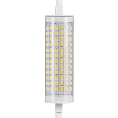 Ein LED-Leuchtmittel in Röhrenform mit vielen kleinen, quadratischen, orange-gelben Leuchtflächen auf silbernem Hintergrund.
