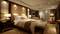 Luxuriöses Schlafzimmer mit Kingsize-Bett, gepolstertem Kopfteil, zwei Lampen, Teppichboden und eleganten Möbeln. Warme Beleuchtung.