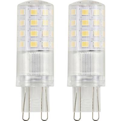 Zwei transparente LED-Glühbirnen mit G9-Sockel, jede mit mehreren kleinen, gelben Leuchtchips, die für helle Beleuchtung sorgen.