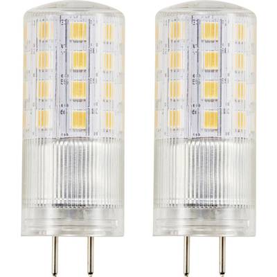 Zwei zylindrische LED-Lampen mit klarem Gehäuse und sichtbaren gelben Dioden, jeweils mit zwei Steckkontakten unten.