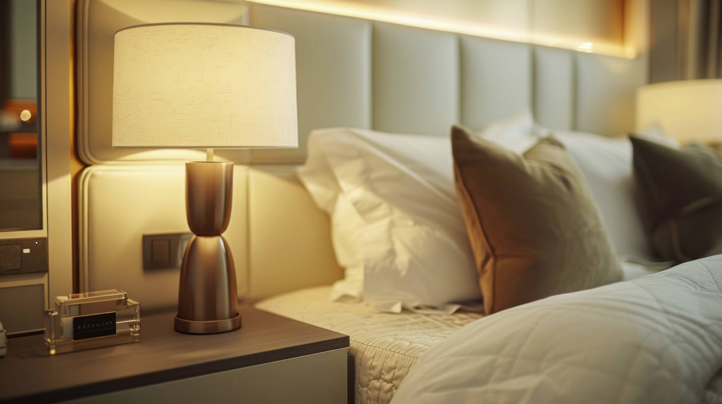 Ein gemütliches Schlafzimmer mit einer eleganten Tischlampe auf dem Nachttisch, weichen Kissen und warmem Licht für eine entspannende Atmosphäre.