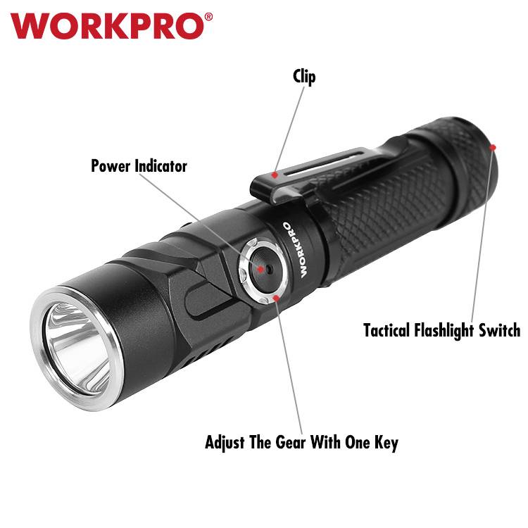 Taschenlampe mit Clip, Stromanzeige, taktischem Schalter und Ein-Tasten-Zahnradeinstellung. Marke: WORKPRO.