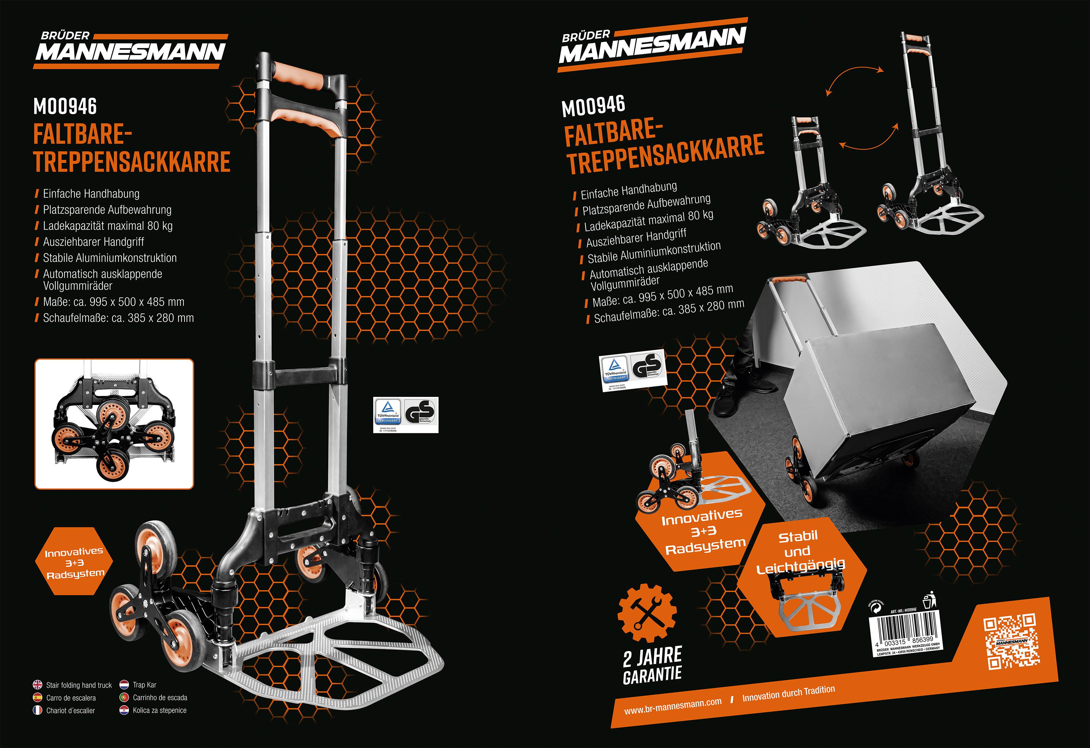 'Faltbare Treppensackkarre, Modell M00946, mit 3D-Radsystem und verstärktem Aufbau. Geeignet für schwere Lasten, 2 Jahre Garantie.'