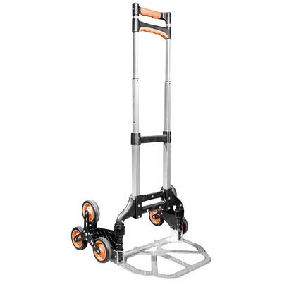 Ein zusammenklappbarer, silberner Handwagen mit orangefarbenen Griffen und drei Rädern auf jeder Seite für einfaches Manövrieren auf Treppen.