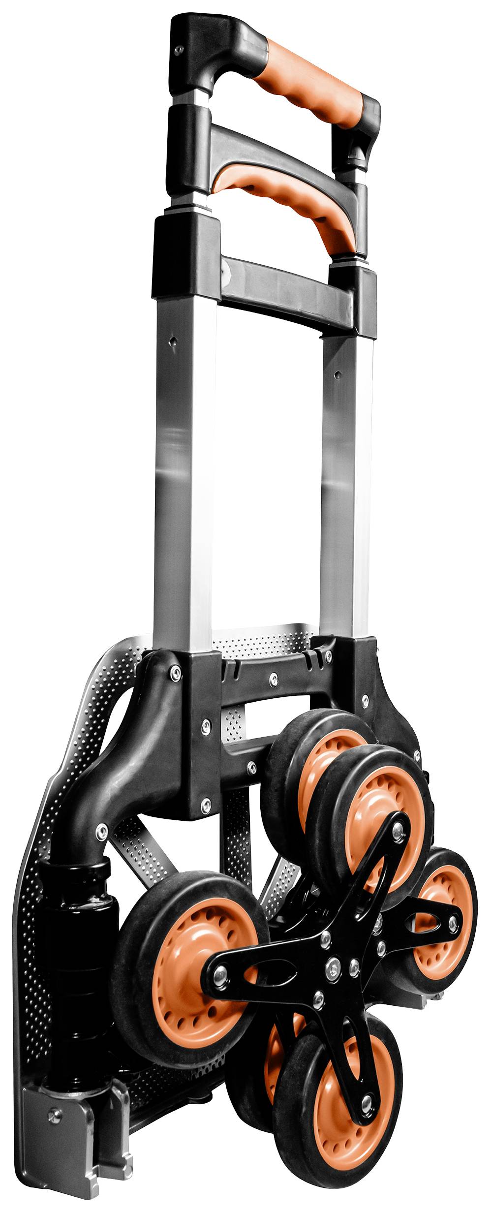 Ein klappbarer Handwagen mit sechs Rädern, gestaltet für den Transport schwerer Lasten über Treppen. Mit orangenen Griffen und Rädern.