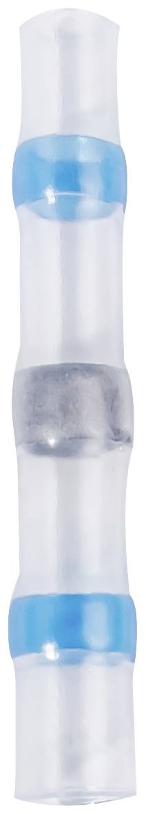 Doppelseitiger Schlauchverbinder mit transparentem Gehäuse und blauen Ringen an beiden Enden.