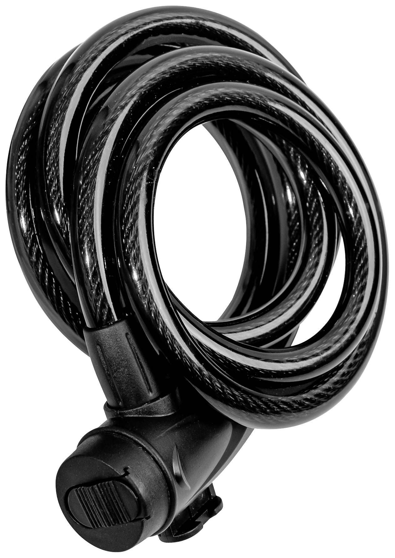 Ein schwarzes Fahrradschloss in Spiralform, zusammengerollt. Es hat ein festes Schlossgehäuse am Ende für zusätzliche Sicherheit.