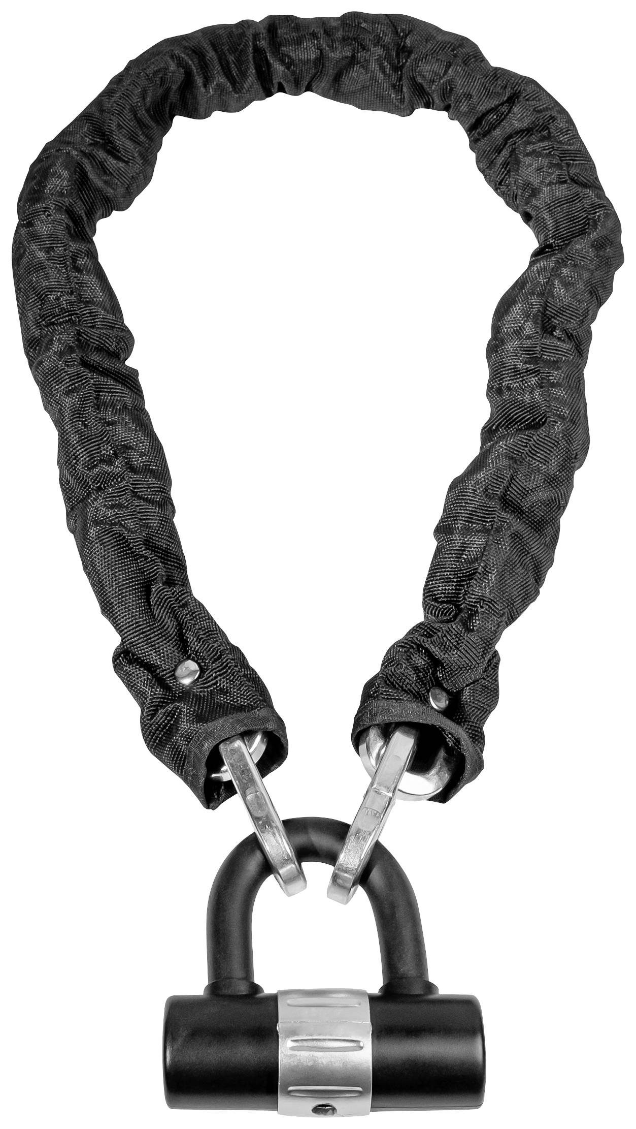 Schwarzes Kettenschloss mit robustem Gewebeüberzug und silbernem Schließmechanismus, geeignet zur Sicherung von Fahrrädern.