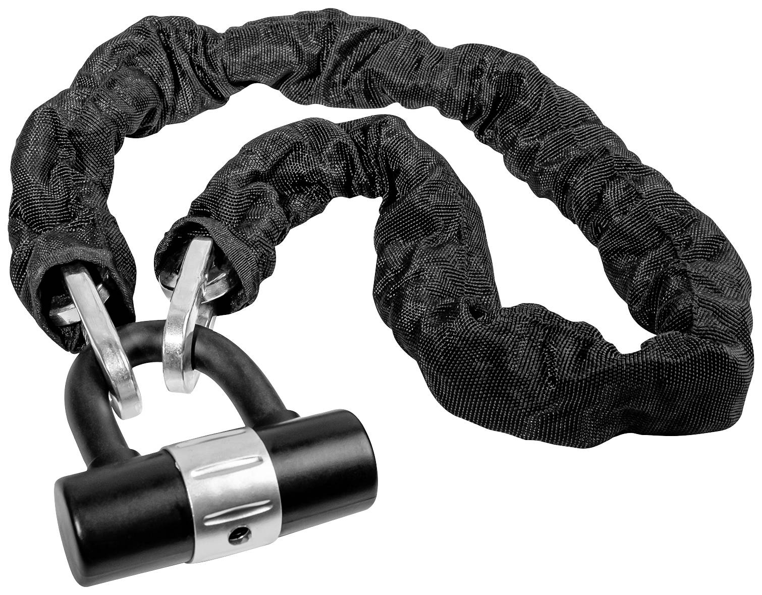 Schwarzes Sicherheitsschloss mit Kette, ummantelt zum Schutz. Ideal zum Sichern von Fahrrädern gegen Diebstahl.