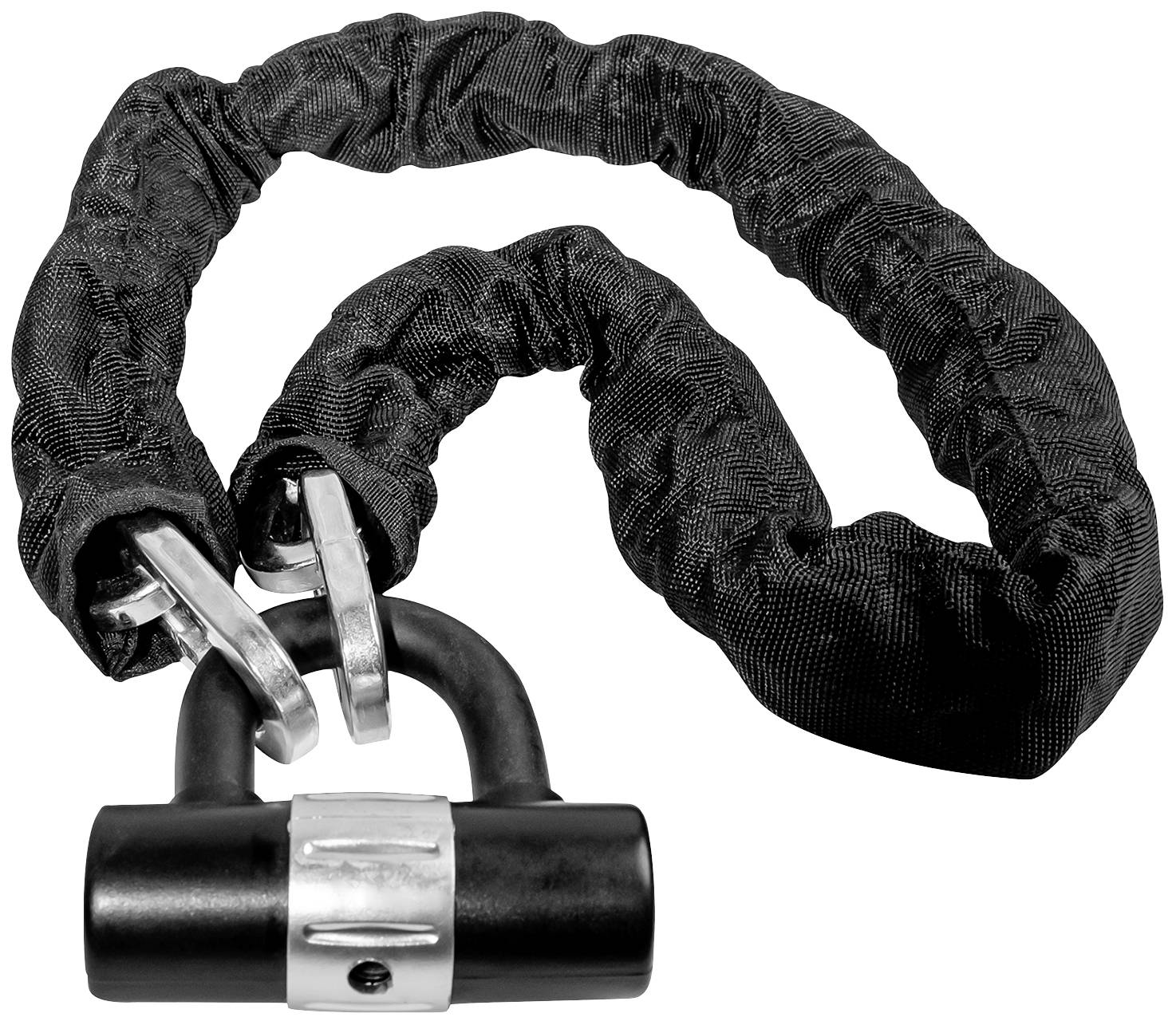 Schwarzes Vorhängeschloss mit schwerer Kette, symbolisiert Sicherheit.