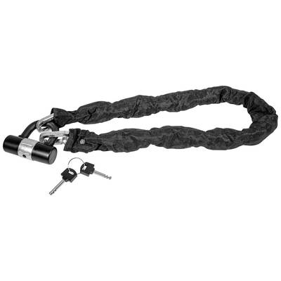 Schwarz beschichtete Kette mit einem Schloss und zwei Schlüsseln. Kette ist flexibel und wird zur Sicherung von Gegenständen verwendet.