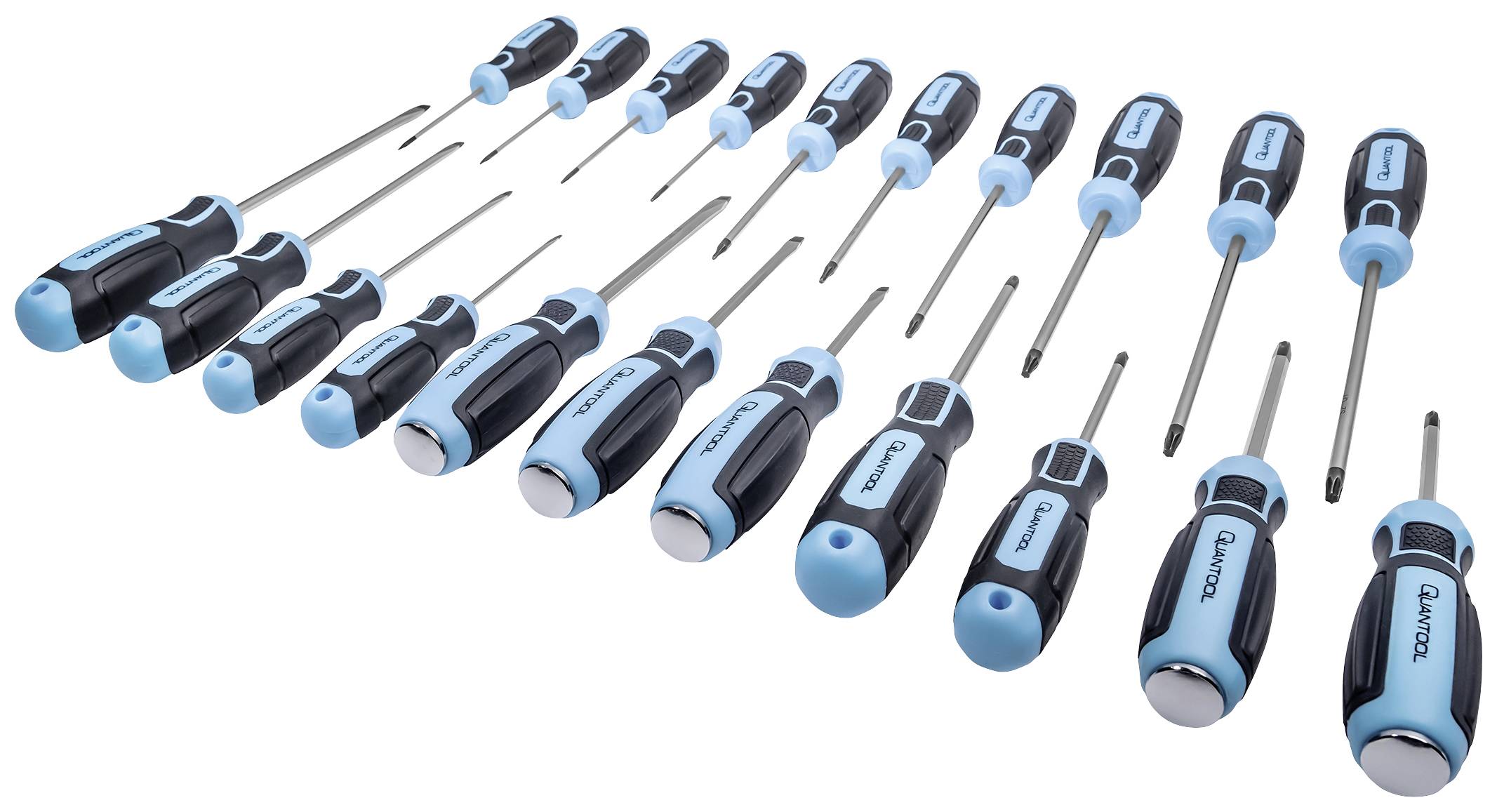 Siebzehn Schraubendreher in verschiedenen Größen, angeordnet in zwei Reihen. Sie haben schwarze Griffe mit blauen Akzenten.
