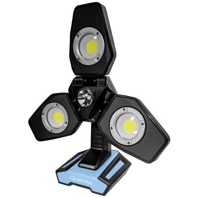 Dreieckige LED-Arbeitsleuchte mit drei verstellbaren Lampen auf einem blauen Sockel, geeignet für Werkstätten oder Baustellen.