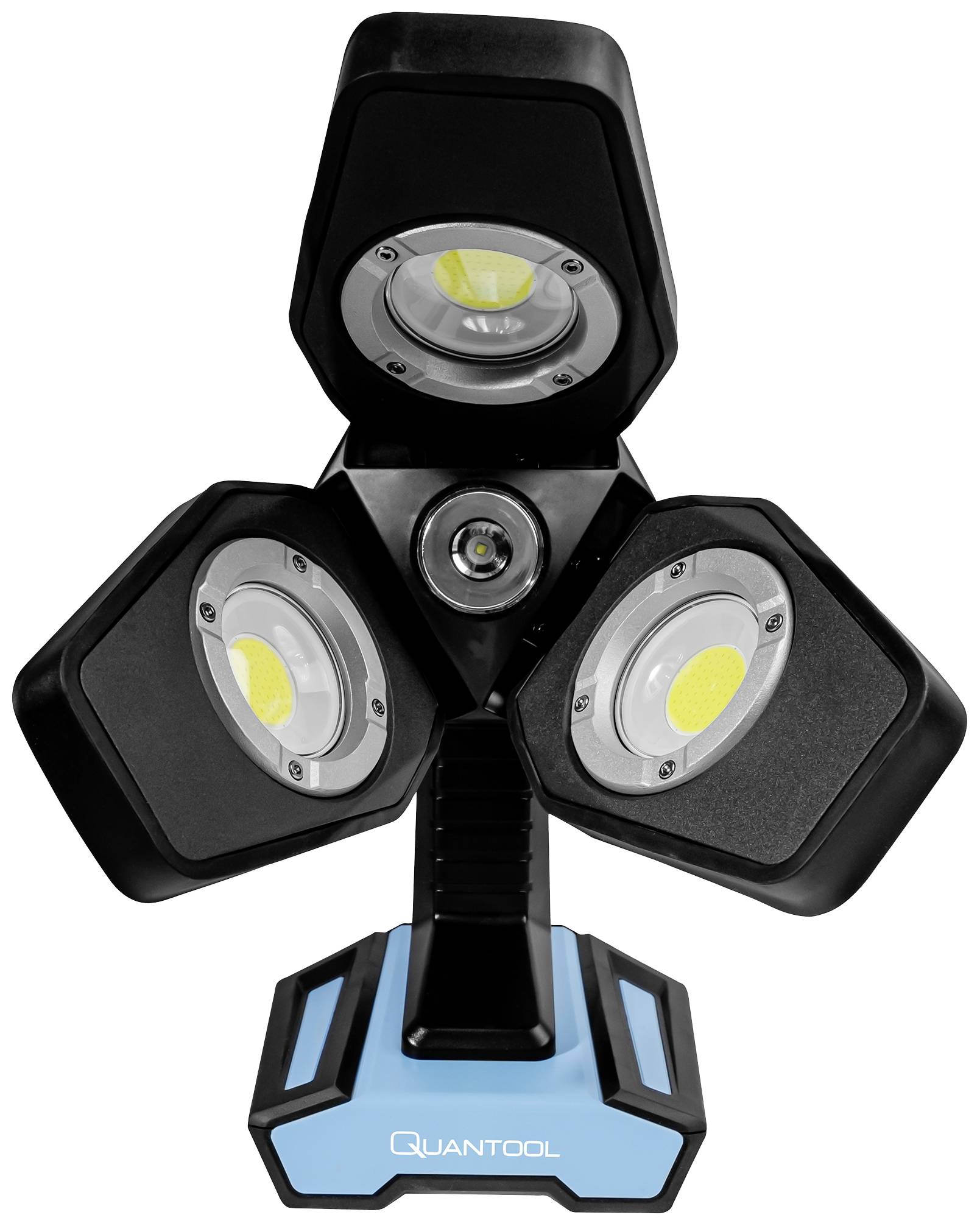 Ein tragbares, dreieckiges LED-Licht mit drei einstellbaren Paneelen auf einem blauen Sockel, geeignet für Arbeitsbeleuchtung.