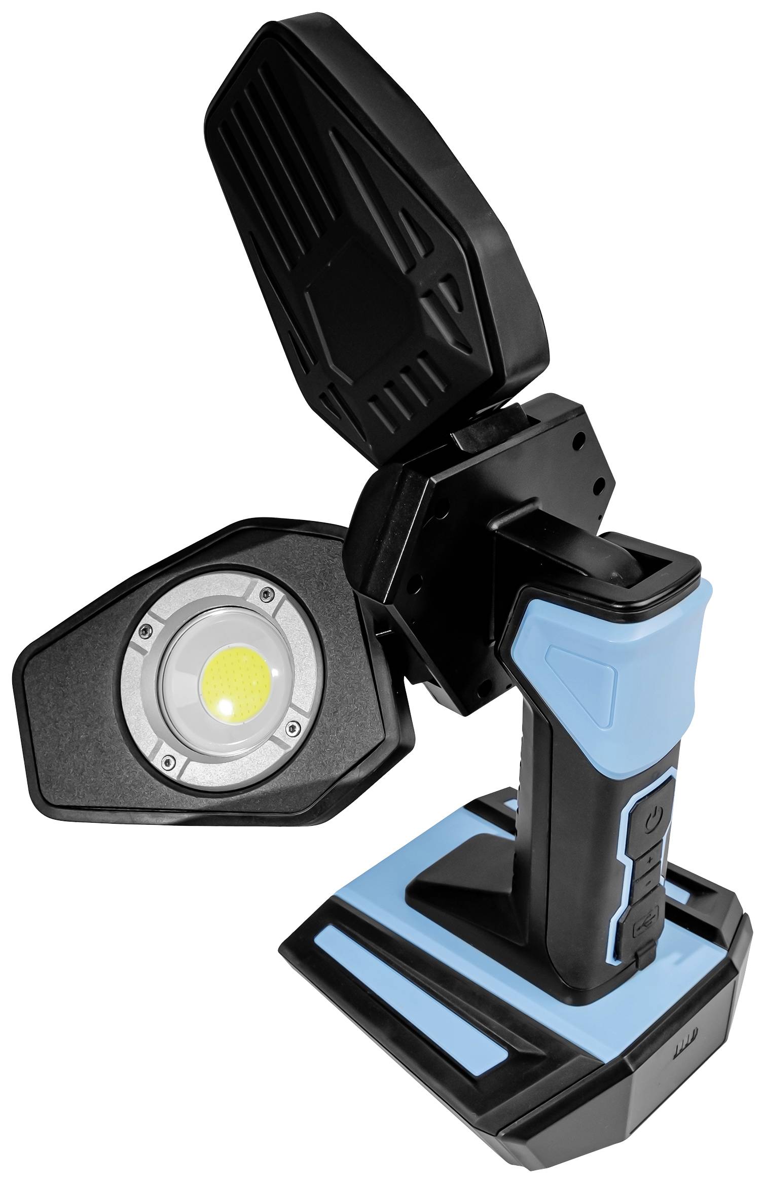 Ein tragbarer LED-Arbeitsstrahler mit einem drehbaren Kopf und blau-schwarzem Gehäuse, ideal für vielseitige Beleuchtungssituationen.
