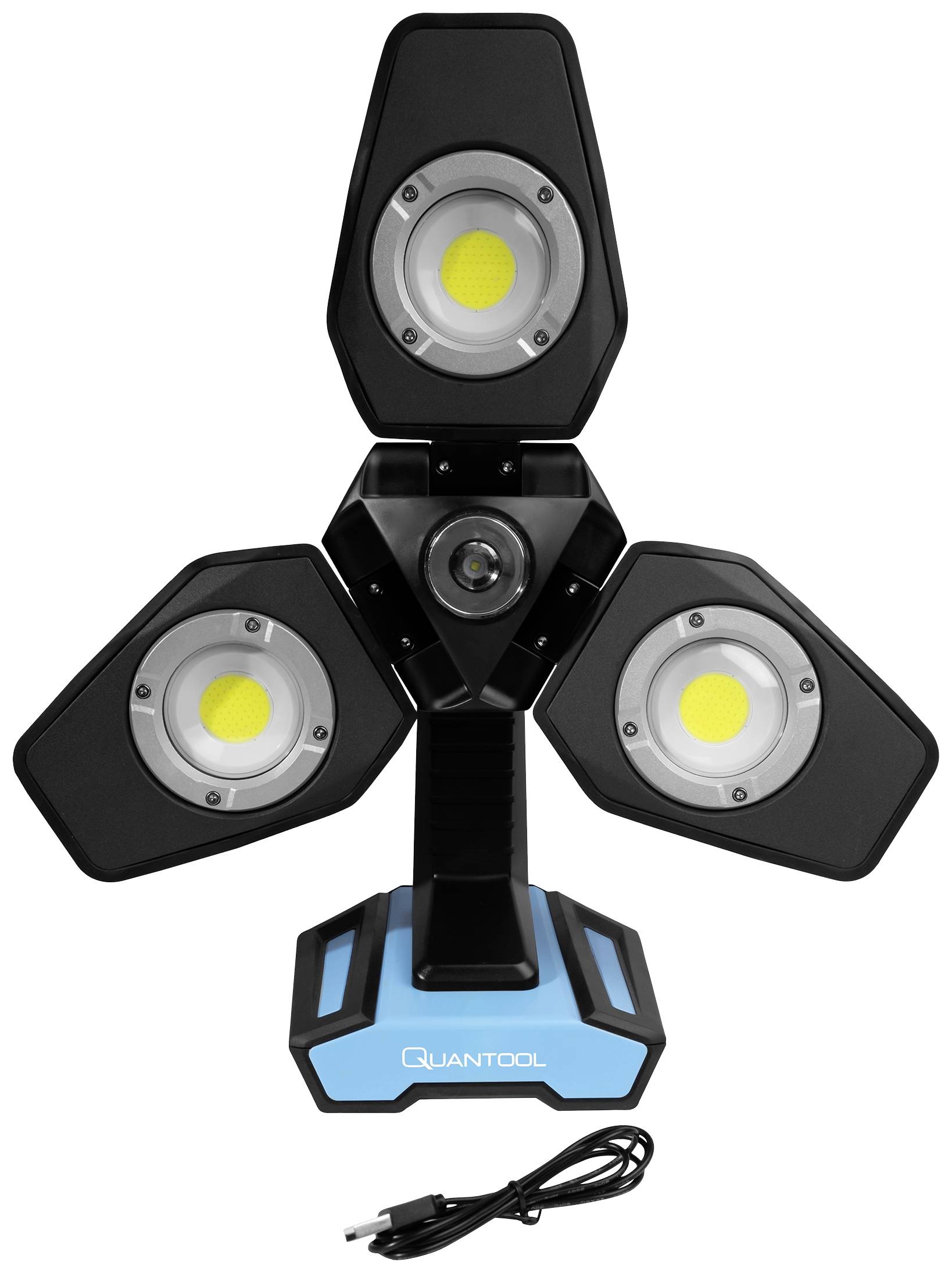 Dreiteilige, verstellbare LED-Flächenleuchte von Quantool in Schwarz und Blau. Ständer, Kabel und drei rundliche Lichtquellen sichtbar.