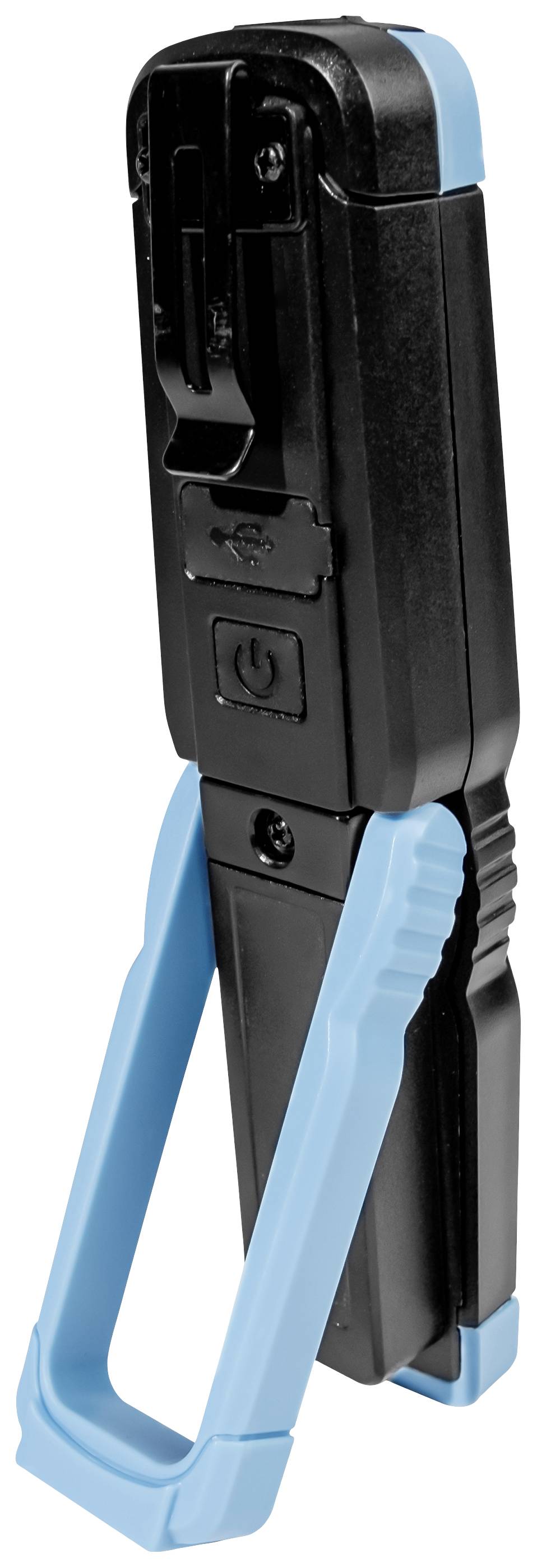 Ein blau-schwarzes Handwerkzeug mit einem Griff und Bedienelementen, möglicherweise für Kabelbearbeitung oder Elektronikarbeiten.