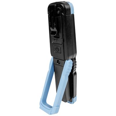 Ein blau-schwarzes Handwerkzeug mit einem Griff und Bedienelementen, möglicherweise für Kabelbearbeitung oder Elektronikarbeiten.