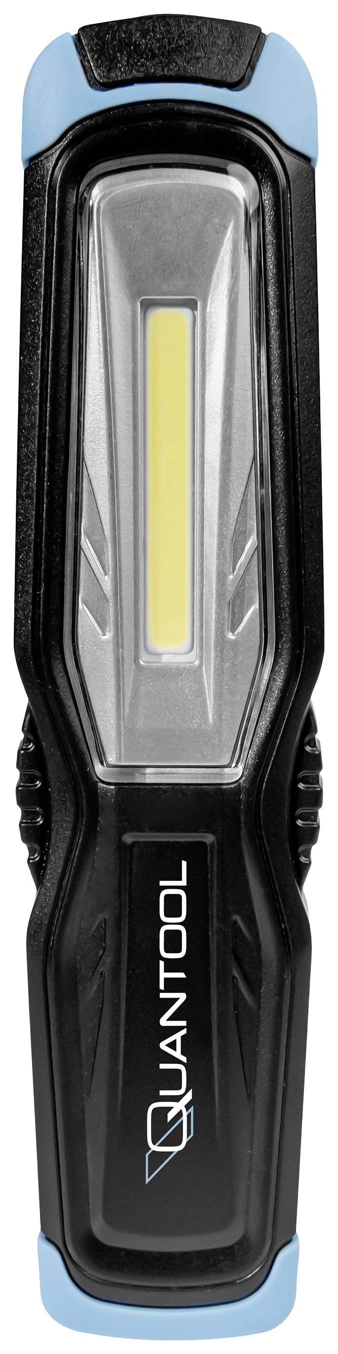 Schwarze und blaue tragbare Taschenlampe mit gelbem LED-Lichtstreifen in der Mitte, Markenname 'QUANTOOL' auf dem Griff.