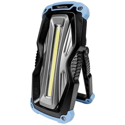 Tragbare LED-Arbeitsleuchte mit blau-schwarzem Gehäuse und verstellbarem Ständer.